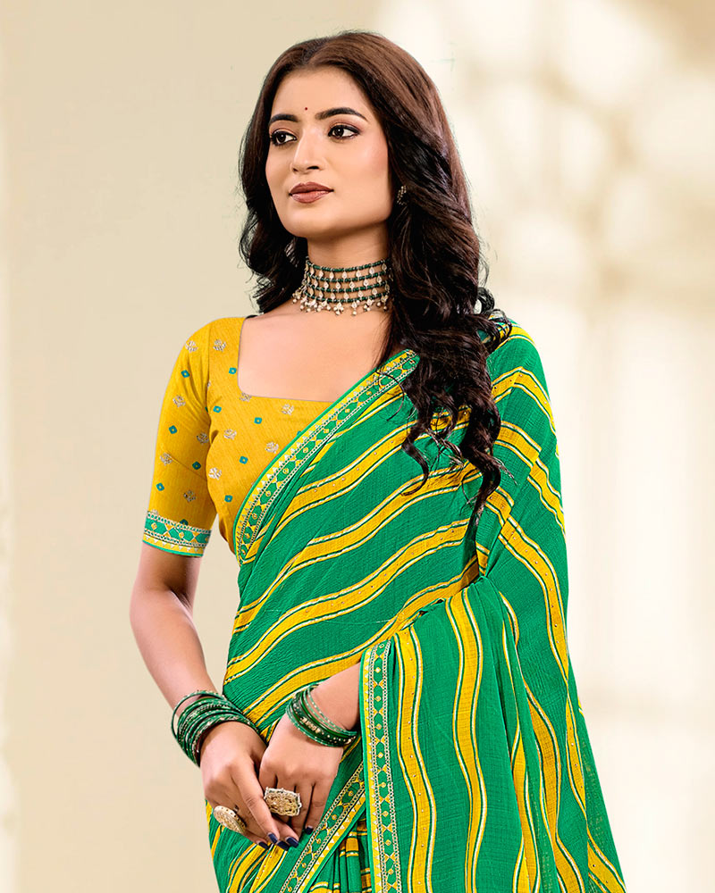 Vishal Prints Dark Spring Green And Yellow Printed Fancy Chiffon Traditional Print Saree With Foil Print And Border
