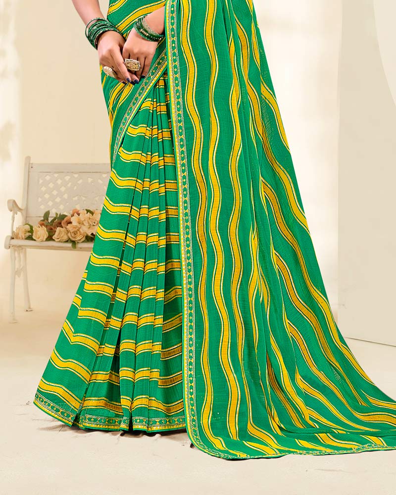 Vishal Prints Dark Spring Green And Yellow Printed Fancy Chiffon Traditional Print Saree With Foil Print And Border