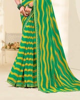 Vishal Prints Dark Spring Green And Yellow Printed Fancy Chiffon Traditional Print Saree With Foil Print And Border