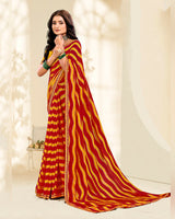 Vishal Prints Milano Red And Dark Yellow Printed Fancy Chiffon Traditional Print Saree With Foil Print And Border
