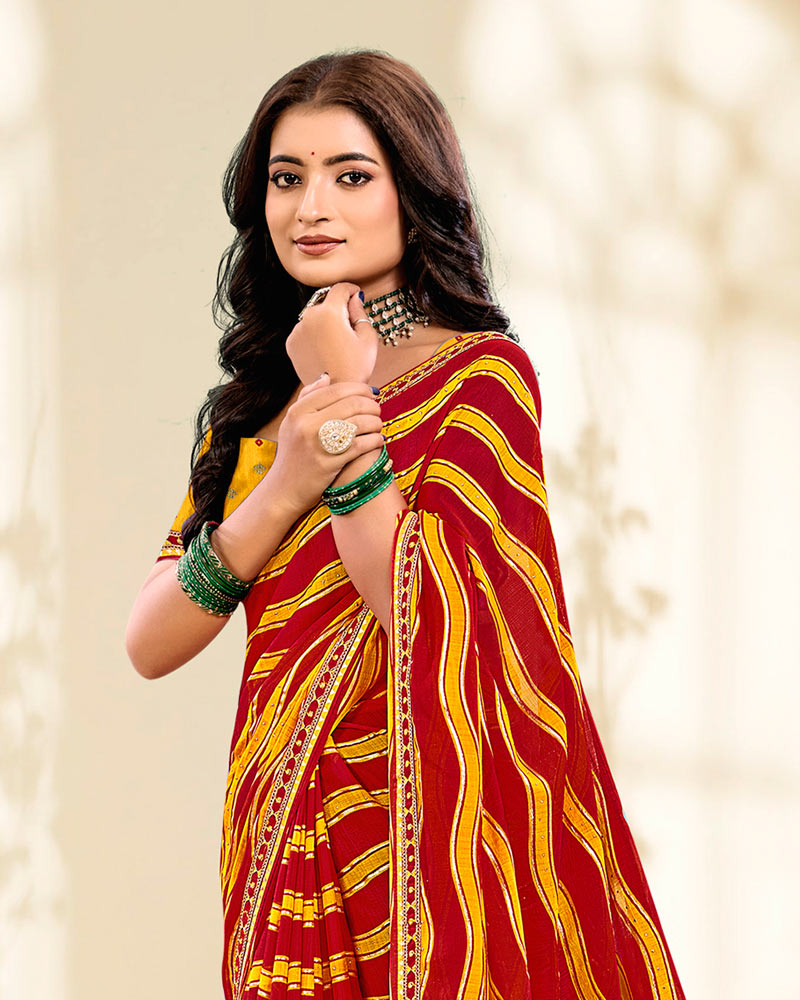Vishal Prints Milano Red And Dark Yellow Printed Fancy Chiffon Traditional Print Saree With Foil Print And Border