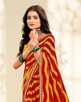 Vishal Prints Milano Red And Dark Yellow Printed Fancy Chiffon Traditional Print Saree With Foil Print And Border