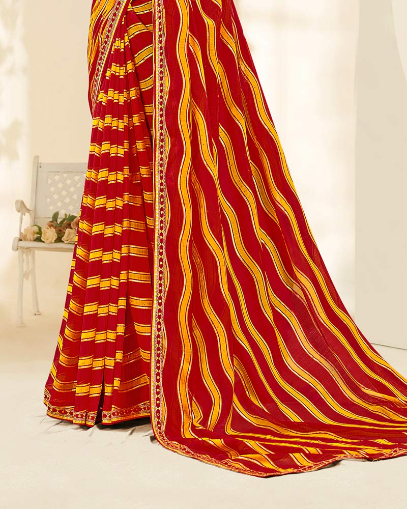 Vishal Prints Milano Red And Dark Yellow Printed Fancy Chiffon Traditional Print Saree With Foil Print And Border