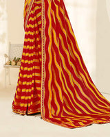 Vishal Prints Milano Red And Dark Yellow Printed Fancy Chiffon Traditional Print Saree With Foil Print And Border