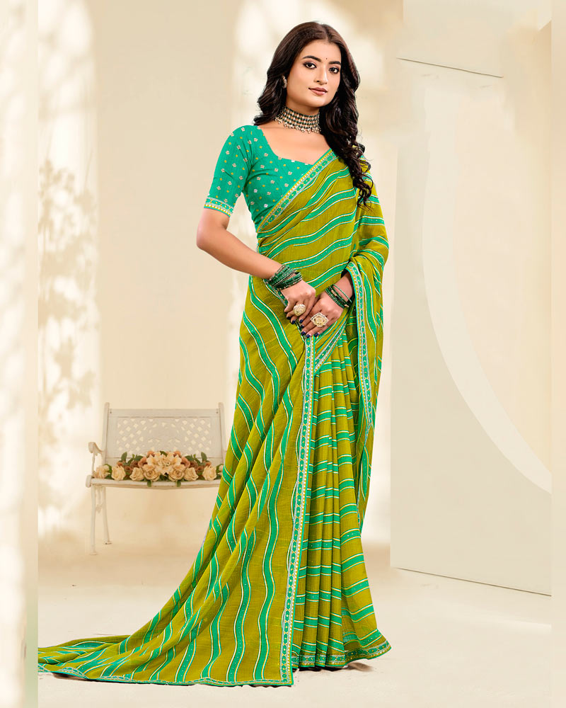 Vishal Prints Yellow Ochre And Mint Green Printed Fancy Chiffon Traditional Print Saree With Foil Print And Border