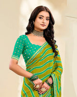Vishal Prints Yellow Ochre And Mint Green Printed Fancy Chiffon Traditional Print Saree With Foil Print And Border