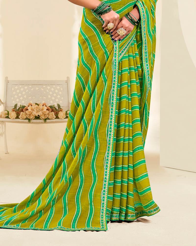 Vishal Prints Yellow Ochre And Mint Green Printed Fancy Chiffon Traditional Print Saree With Foil Print And Border