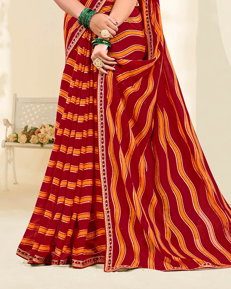 Vishal Prints Paprika Red And Dark Orange Printed Fancy Chiffon Traditional Print Saree With Foil Print And Border
