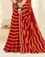 Vishal Prints Paprika Red And Dark Orange Printed Fancy Chiffon Traditional Print Saree With Foil Print And Border