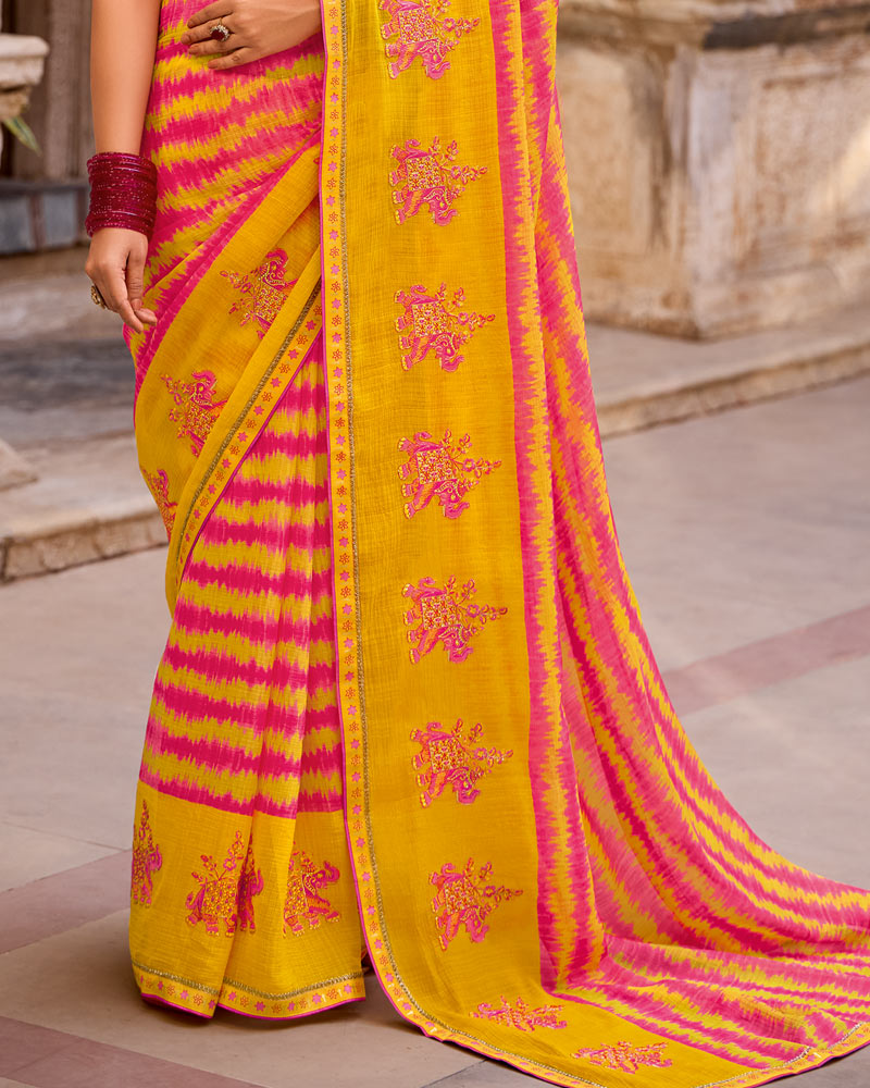 Vishal Prints Amaranth Pink Designer Printed Fancy Chiffon Saree With Embroidery Work And Fancy Border