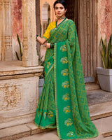 Vishal Prints Dark Spring Green Designer Printed Fancy Chiffon Saree With Embroidery Work And Fancy Border