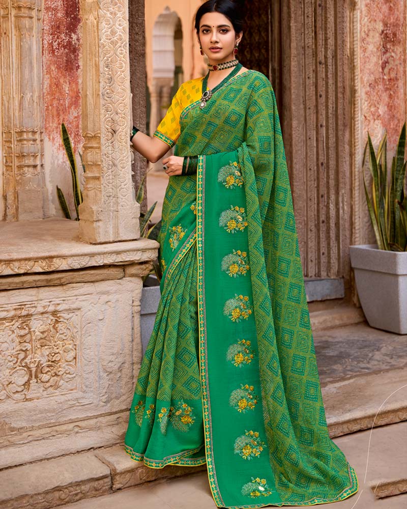 Vishal Prints Dark Spring Green Designer Printed Fancy Chiffon Saree With Embroidery Work And Fancy Border