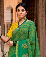 Vishal Prints Dark Spring Green Designer Printed Fancy Chiffon Saree With Embroidery Work And Fancy Border