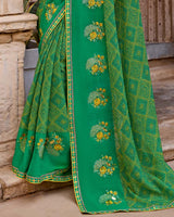 Vishal Prints Dark Spring Green Designer Printed Fancy Chiffon Saree With Embroidery Work And Fancy Border