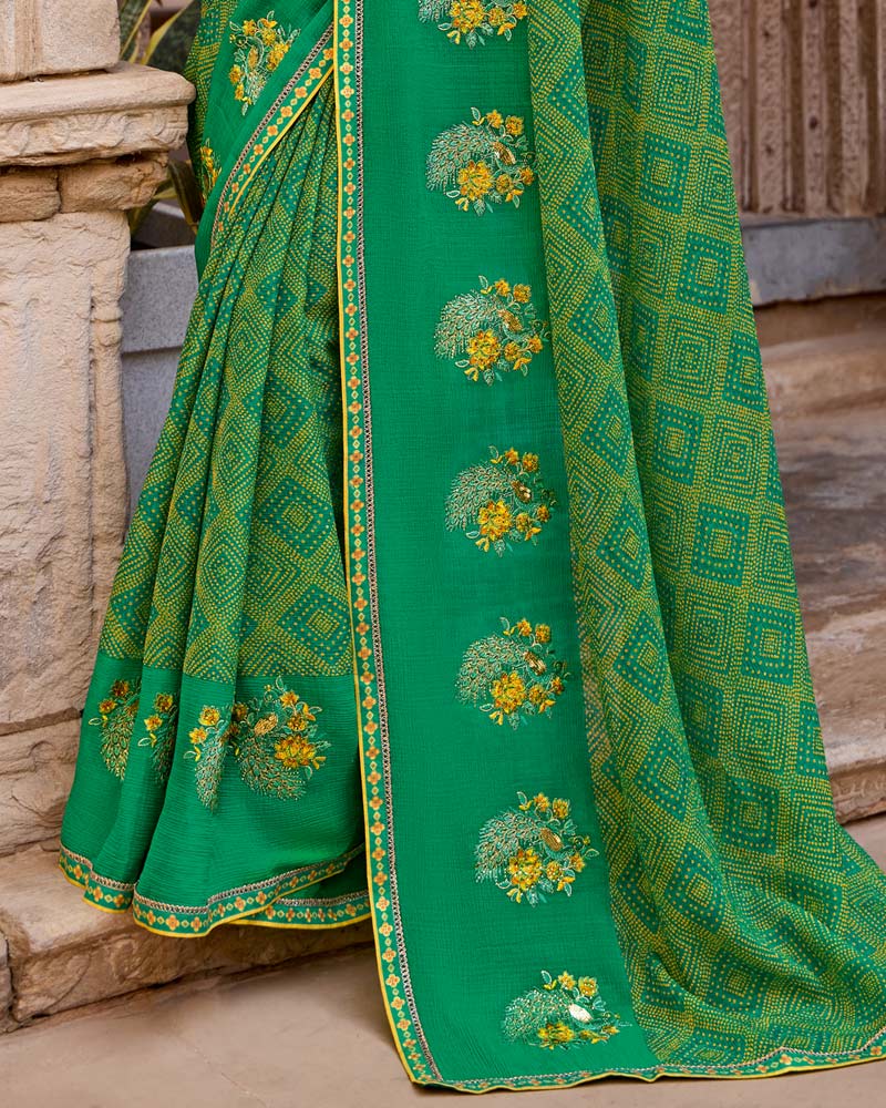 Vishal Prints Dark Spring Green Designer Printed Fancy Chiffon Saree With Embroidery Work And Fancy Border
