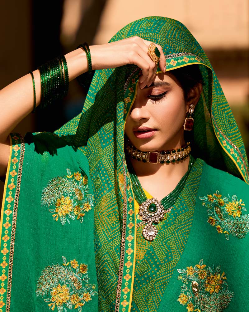 Vishal Prints Dark Spring Green Designer Printed Fancy Chiffon Saree With Embroidery Work And Fancy Border