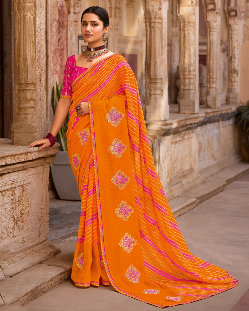 Vishal Prints Bright Orange Designer Printed Fancy Chiffon Saree With Embroidery Work And Fancy Border