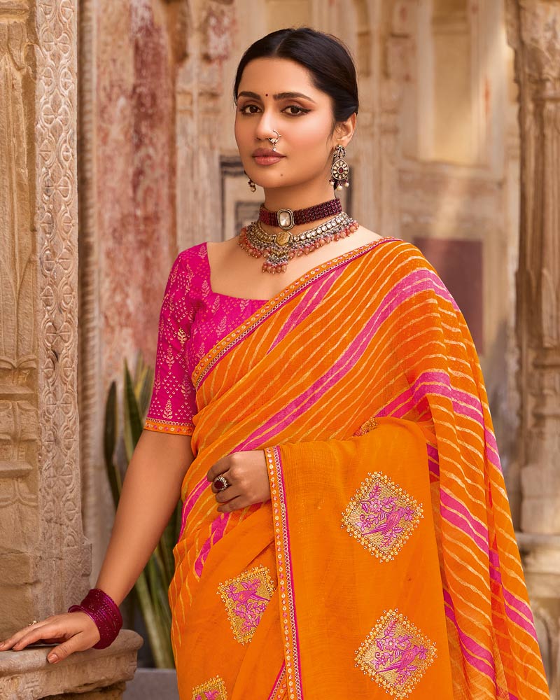 Vishal Prints Bright Orange Designer Printed Fancy Chiffon Saree With Embroidery Work And Fancy Border