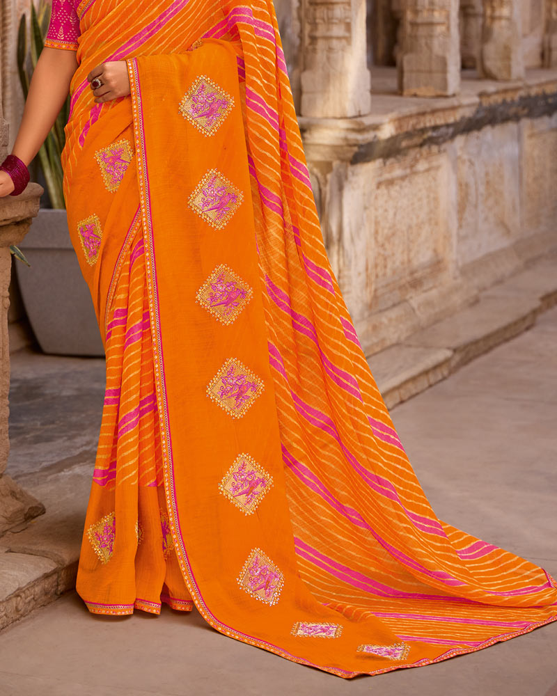 Vishal Prints Bright Orange Designer Printed Fancy Chiffon Saree With Embroidery Work And Fancy Border