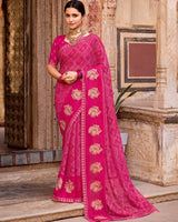 Vishal Prints Dark Hot Pink Designer Printed Fancy Chiffon Saree With Embroidery Work And Fancy Border