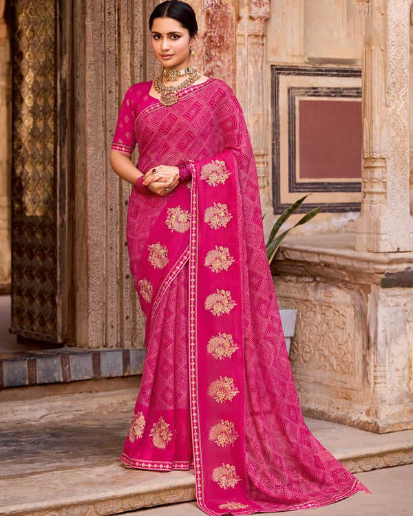 Vishal Prints Dark Hot Pink Designer Printed Fancy Chiffon Saree With Embroidery Work And Fancy Border