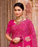 Vishal Prints Dark Hot Pink Designer Printed Fancy Chiffon Saree With Embroidery Work And Fancy Border
