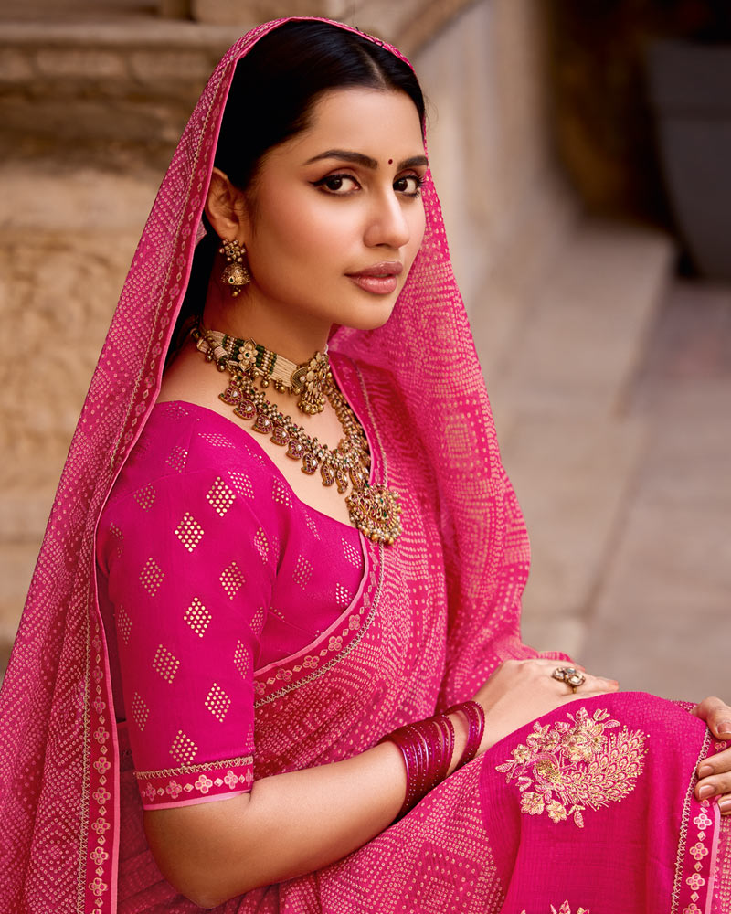 Vishal Prints Dark Hot Pink Designer Printed Fancy Chiffon Saree With Embroidery Work And Fancy Border