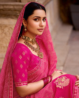 Vishal Prints Dark Hot Pink Designer Printed Fancy Chiffon Saree With Embroidery Work And Fancy Border