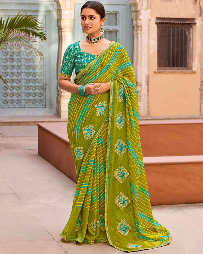 Vishal Prints Mehandi Green Designer Printed Fancy Chiffon Saree With Embroidery Work And Fancy Border