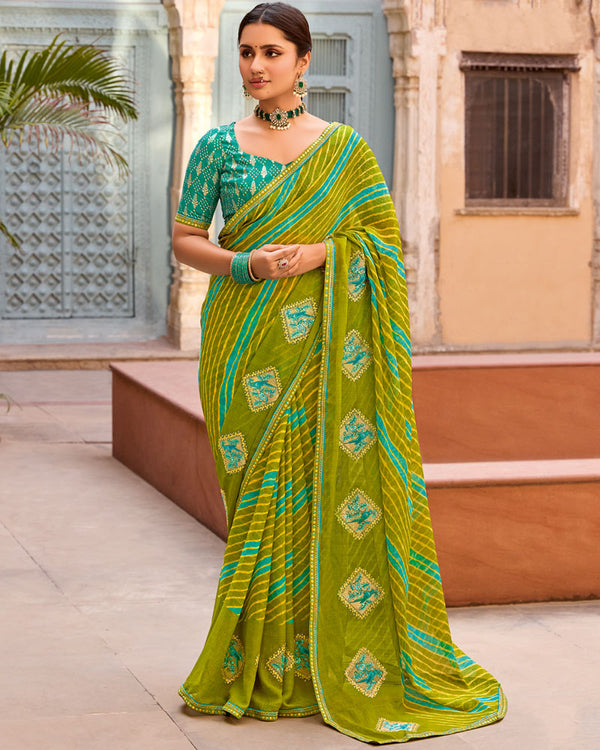Vishal Prints Mehandi Green Designer Printed Fancy Chiffon Saree With Embroidery Work And Fancy Border