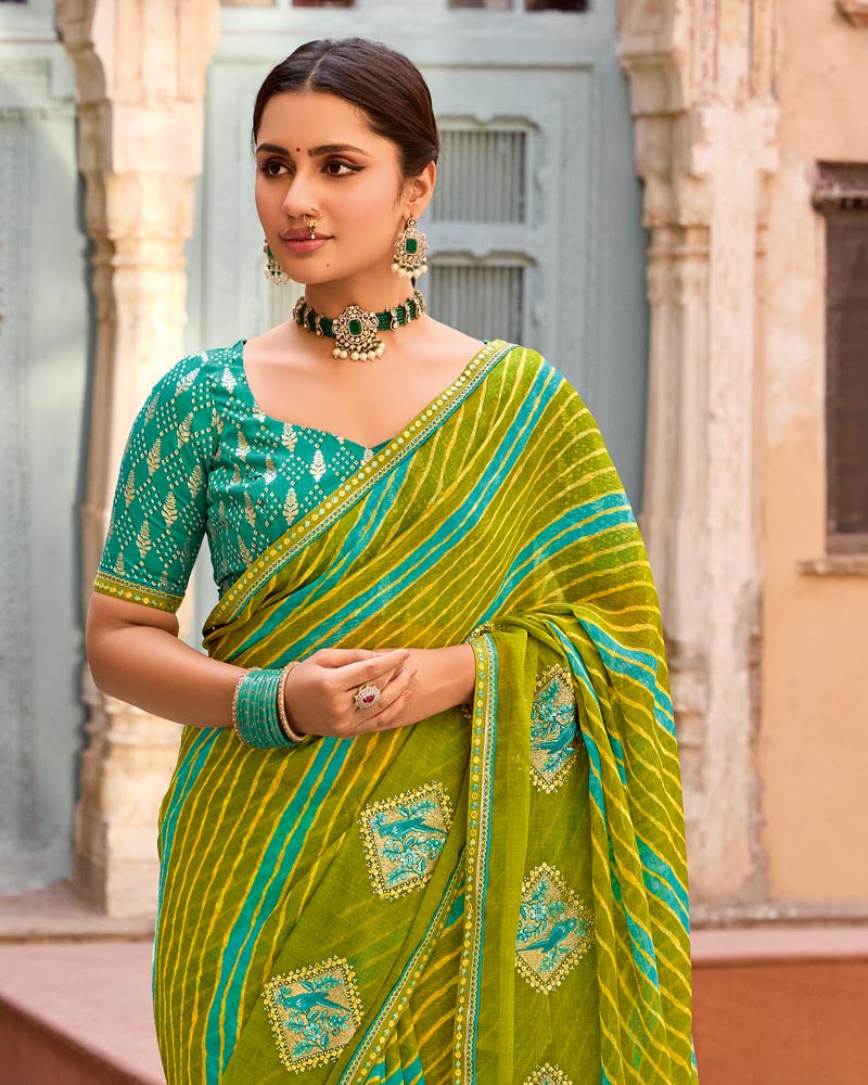 Vishal Prints Mehandi Green Designer Printed Fancy Chiffon Saree With Embroidery Work And Fancy Border