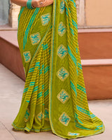 Vishal Prints Mehandi Green Designer Printed Fancy Chiffon Saree With Embroidery Work And Fancy Border