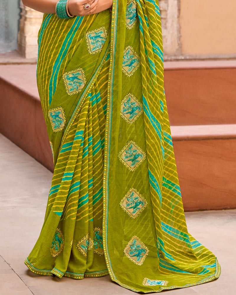 Vishal Prints Mehandi Green Designer Printed Fancy Chiffon Saree With Embroidery Work And Fancy Border