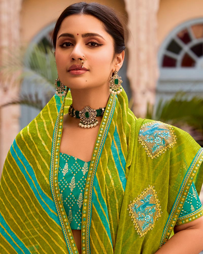 Vishal Prints Mehandi Green Designer Printed Fancy Chiffon Saree With Embroidery Work And Fancy Border