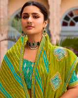 Vishal Prints Mehandi Green Designer Printed Fancy Chiffon Saree With Embroidery Work And Fancy Border