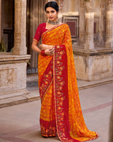 Vishal Prints Dark Orange Designer Printed Fancy Chiffon Saree With Embroidery Work And Fancy Border