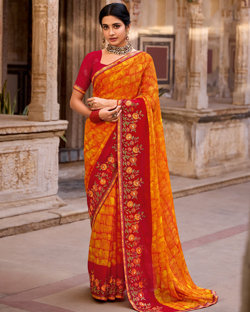 Vishal Prints Dark Orange Designer Printed Fancy Chiffon Saree With Embroidery Work And Fancy Border