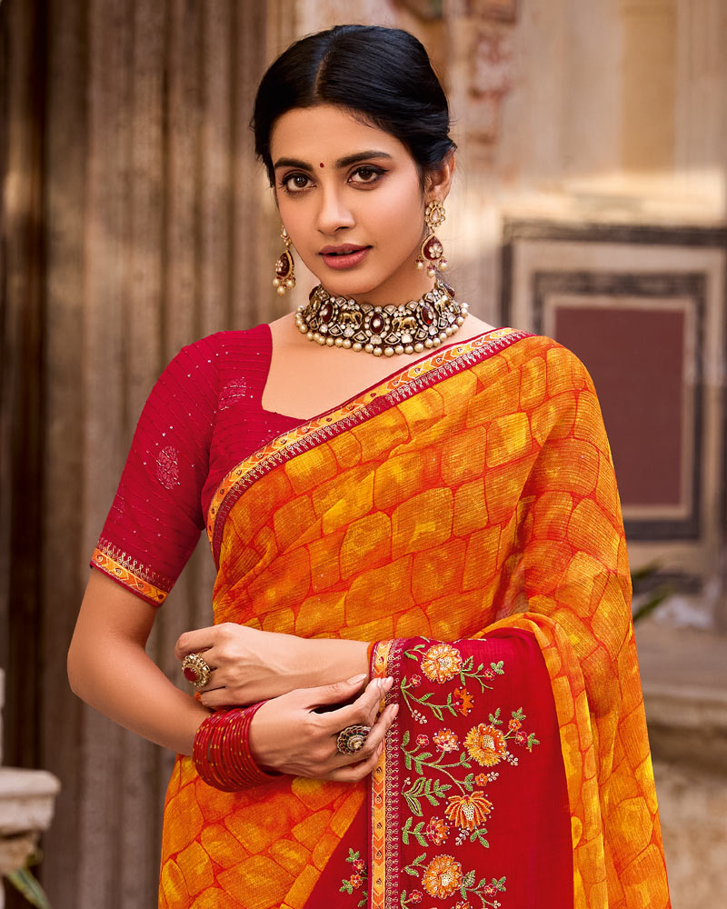 Vishal Prints Dark Orange Designer Printed Fancy Chiffon Saree With Embroidery Work And Fancy Border