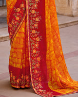 Vishal Prints Dark Orange Designer Printed Fancy Chiffon Saree With Embroidery Work And Fancy Border