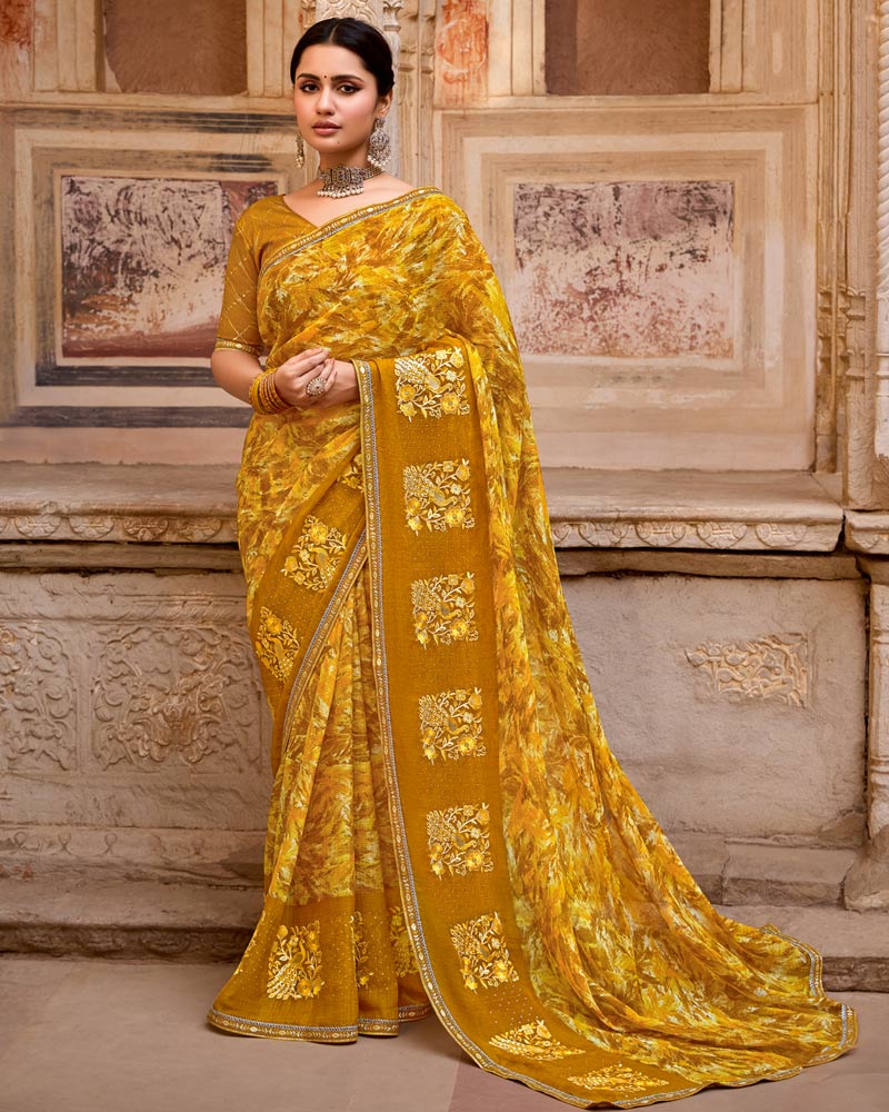 Vishal Prints Brownish Orange Designer Printed Fancy Chiffon Saree With Embroidery Work And Fancy Border