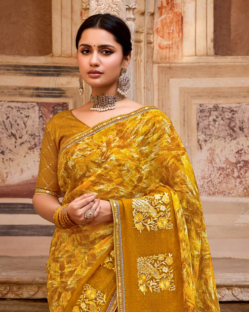 Vishal Prints Brownish Orange Designer Printed Fancy Chiffon Saree With Embroidery Work And Fancy Border