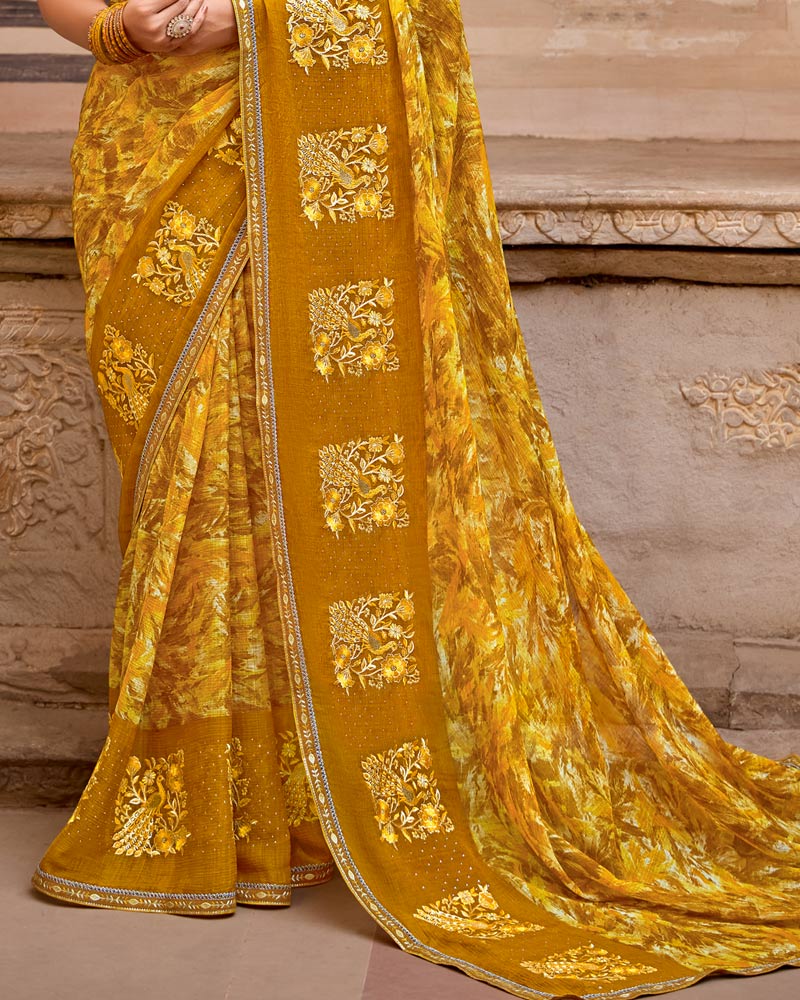 Vishal Prints Brownish Orange Designer Printed Fancy Chiffon Saree With Embroidery Work And Fancy Border