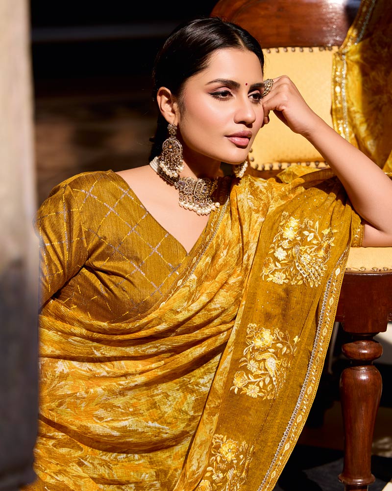 Vishal Prints Brownish Orange Designer Printed Fancy Chiffon Saree With Embroidery Work And Fancy Border