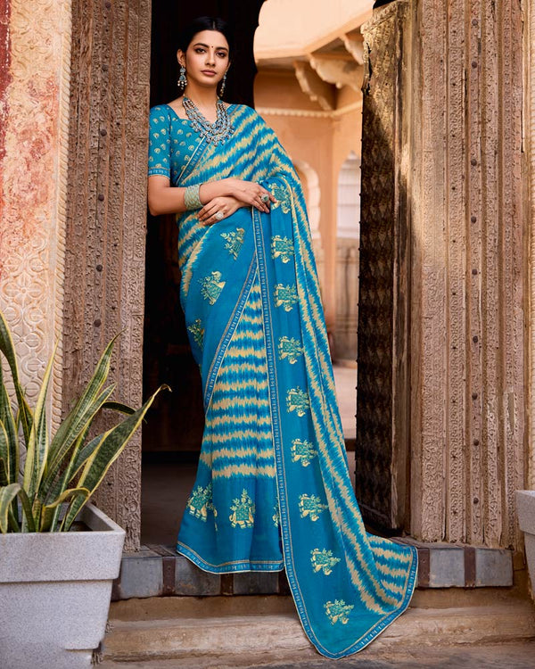 Vishal Prints Ocean Blue Designer Printed Fancy Chiffon Saree With Embroidery Work And Fancy Border