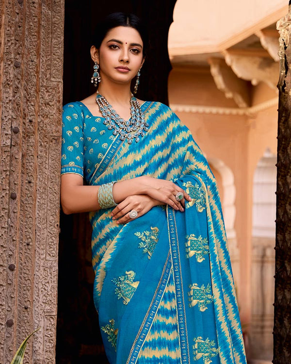 Vishal Prints Ocean Blue Designer Printed Fancy Chiffon Saree With Embroidery Work And Fancy Border