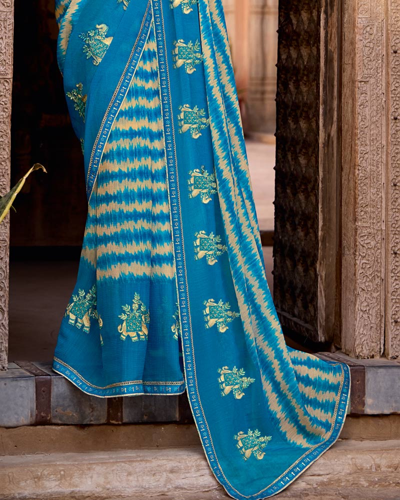 Vishal Prints Ocean Blue Designer Printed Fancy Chiffon Saree With Embroidery Work And Fancy Border