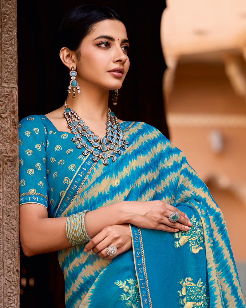 Vishal Prints Ocean Blue Designer Printed Fancy Chiffon Saree With Embroidery Work And Fancy Border
