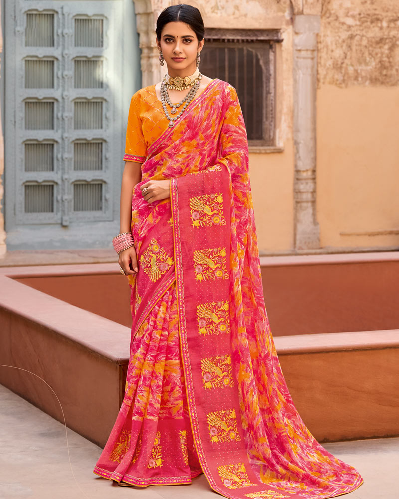 Vishal Prints Dark Coral Designer Printed Fancy Chiffon Saree With Embroidery Work And Fancy Border