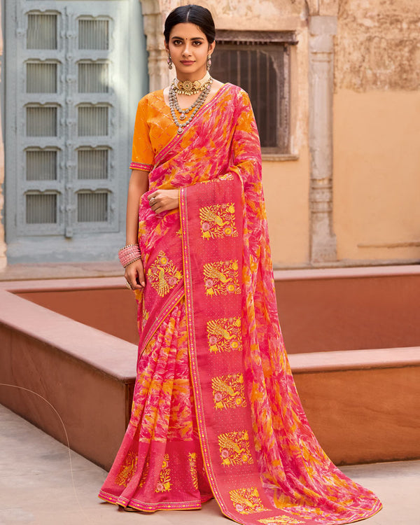 Vishal Prints Dark Coral Designer Printed Fancy Chiffon Saree With Embroidery Work And Fancy Border