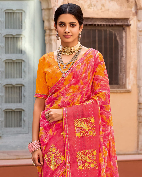 Vishal Prints Dark Coral Designer Printed Fancy Chiffon Saree With Embroidery Work And Fancy Border